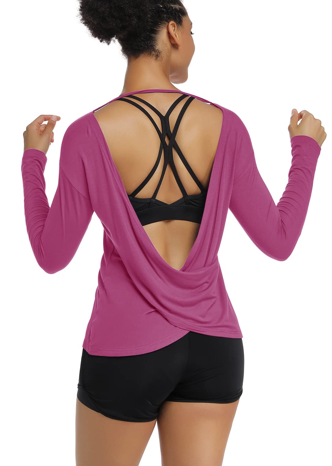 Muzniuer Women's Long Sleeve Yoga Shirts Workout Shirts Backless Cross Back Open Shirts Yoga Top Soft Fitness Shirts for Women Long Sleeve Running Shirts Rose Red M