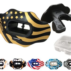 COOLLO SPORTS Lip Guard Mouthguard MAXX/Might Football and High Impact Sports Lip Protector for Adults & Youth (Strap Included) (American Flag -Gold -(One Layer), with Case (Adult 8+))