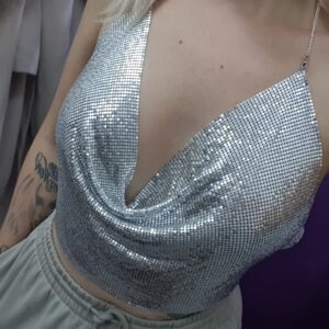 Sexy Silver Body Chains Beach Jewelry Disco Sequin Crop Top Sexy Deep V Backless Halter