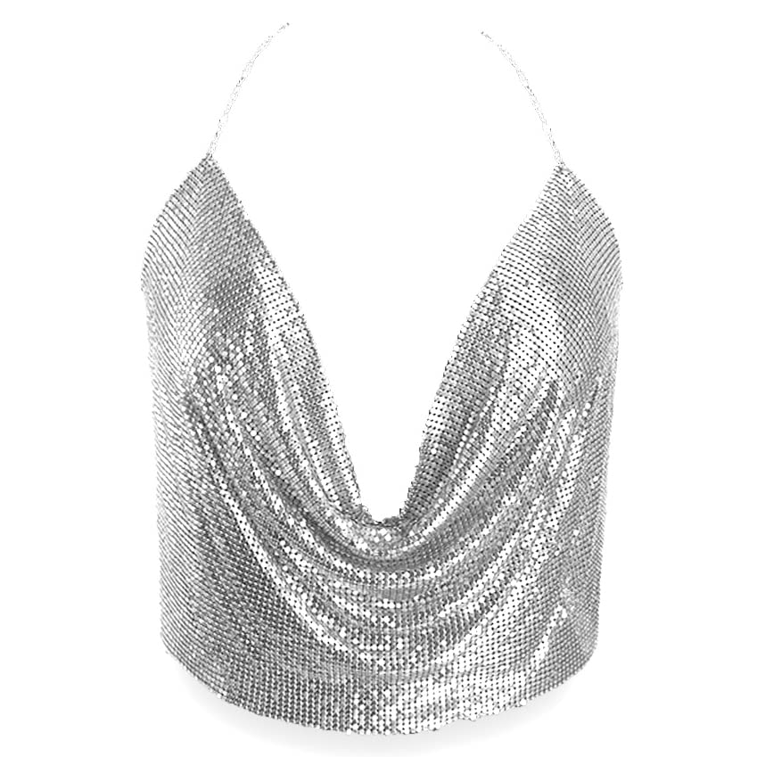 Sexy Silver Body Chains Beach Jewelry Disco Sequin Crop Top Sexy Deep V Backless Halter