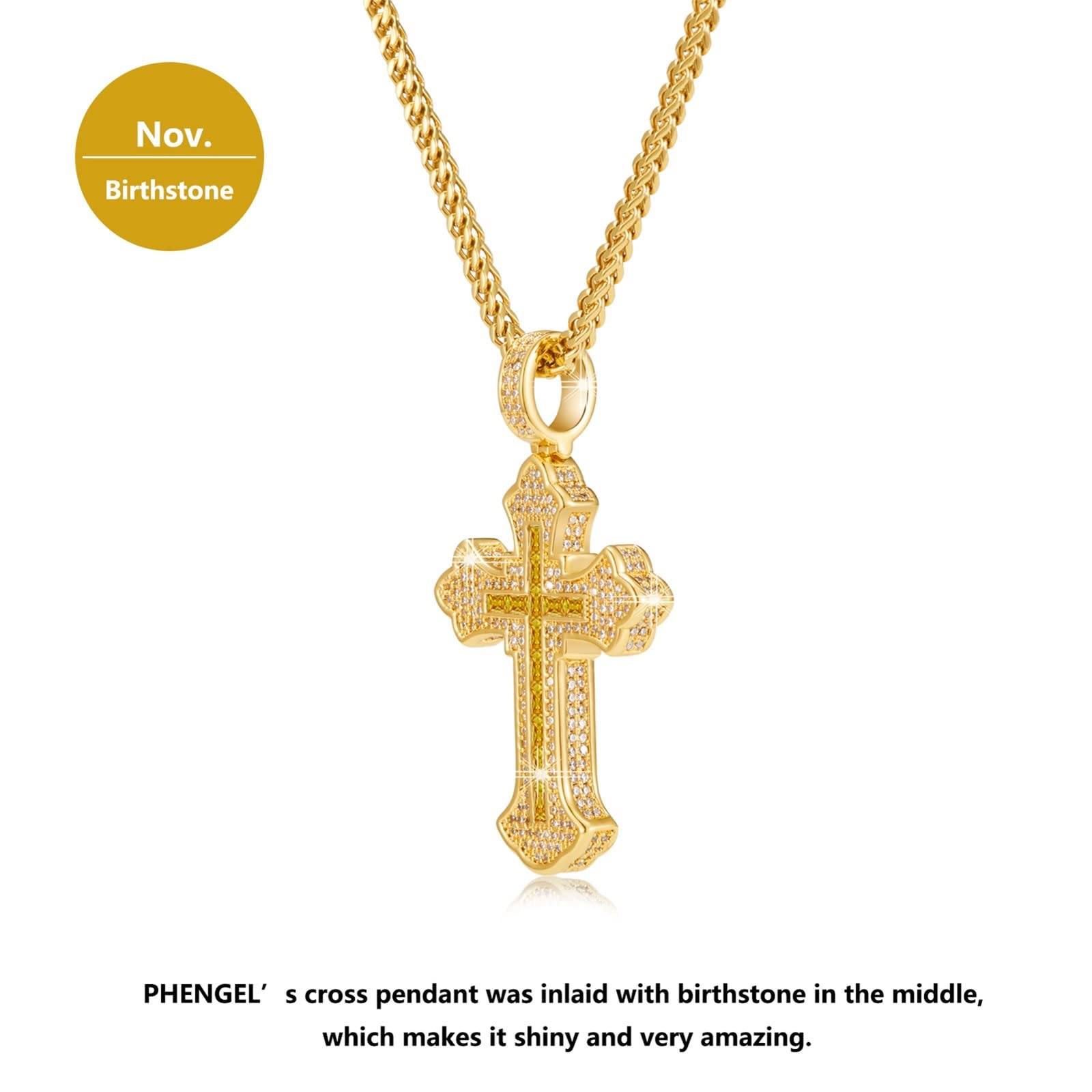 PHENGEL 12 month birthday stone Cubic Zirconia 5A Cz Cross Religious Pendant gorgeous Necklace (14K-Gold-11-Nov)