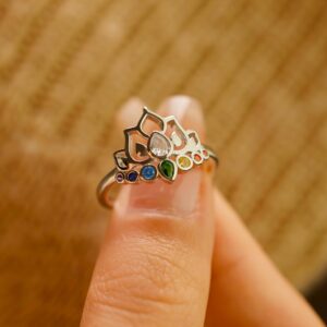 KIFUTENG 925 Sterling Silver Ring, Lotus Flower Yoga High Polish Tarnish Resistant Comfort Fit Wedding Band Ring Healing Rainbow Crystals Jewelry Christmas Valentines Day Gifts for Mom Daughter Yoga