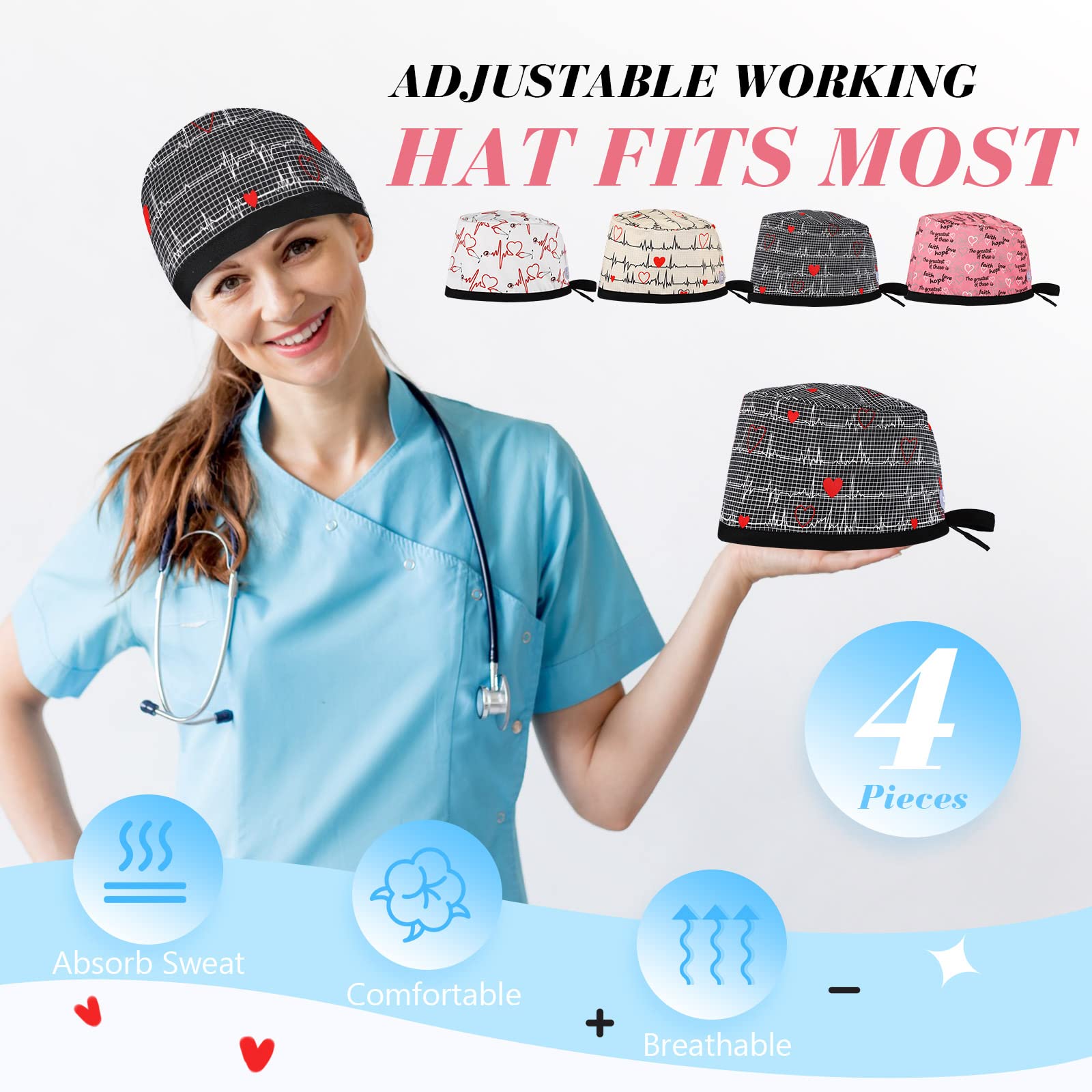 4 Pcs Valentine Heart Theme Adjustable Working Cap with Button Bouffant Hats Elastic Surgical Caps for Women Men Nurse Hat Scrub Hats for Long Hair Covers Nursing Doctor