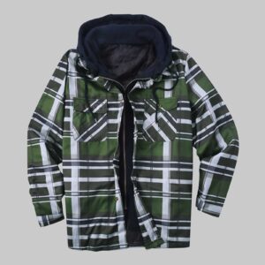 Firzero Flannel Jackets for Men, Lined Hooded Plaid Shirt Jacket Thicken Quilted Coat with Zipper, Men's Waterproof Ski Jacket Irregular Printed Button Down Winter Jackets, Army Green_2, 4X-Large