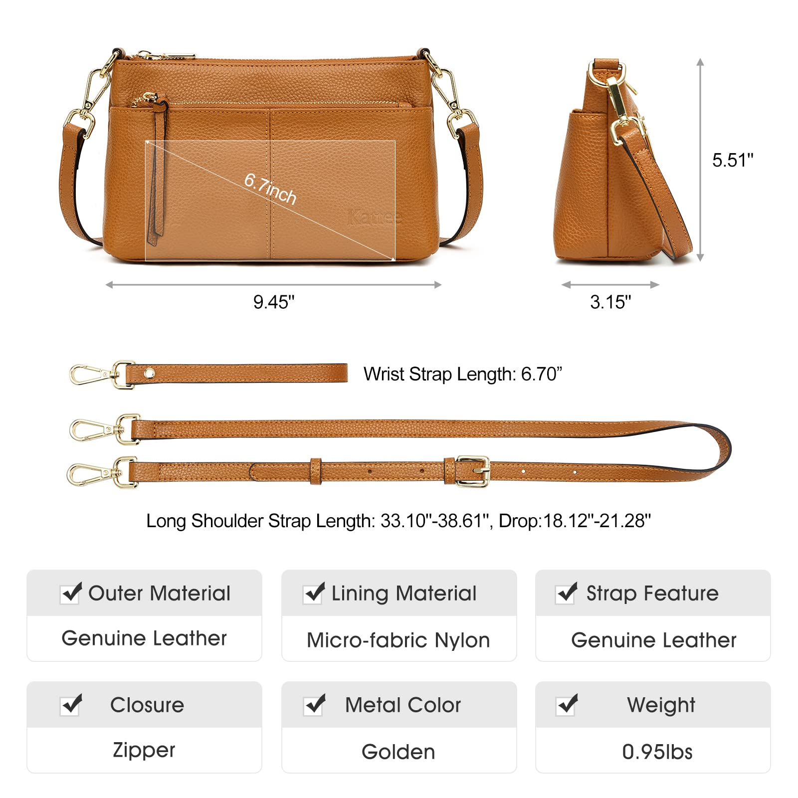 Kattee Genuine Leather Crossbody Bags for Women, Small Wristlet Purses for Women, Brown