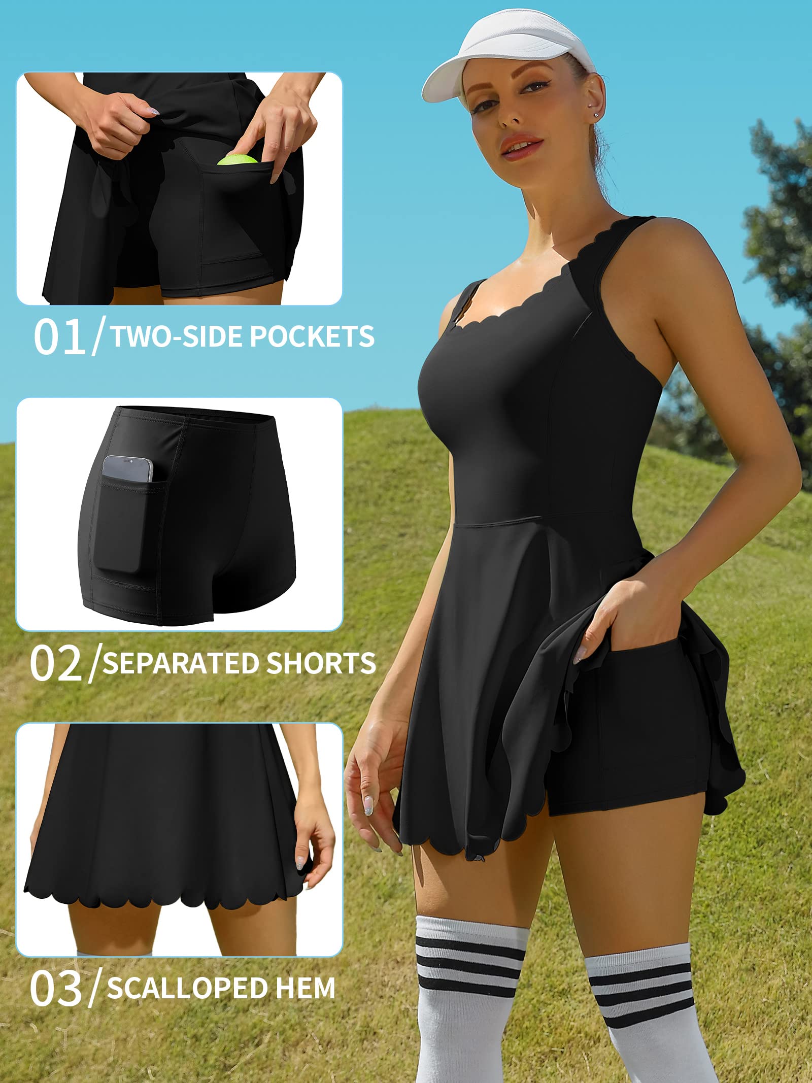 ATTRACO Women's Workout Dress with Shorts Pockets Golf Skirt Sport Exercise Outfits Black M