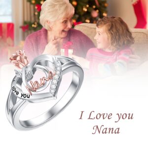 POPKIMI Gifts for Nana Nana Ring 925 Sterling Silver Nana Jewelry I Love You Nana Ring Rose Flower Love Heart Ring Birthday Jewelry for Nana