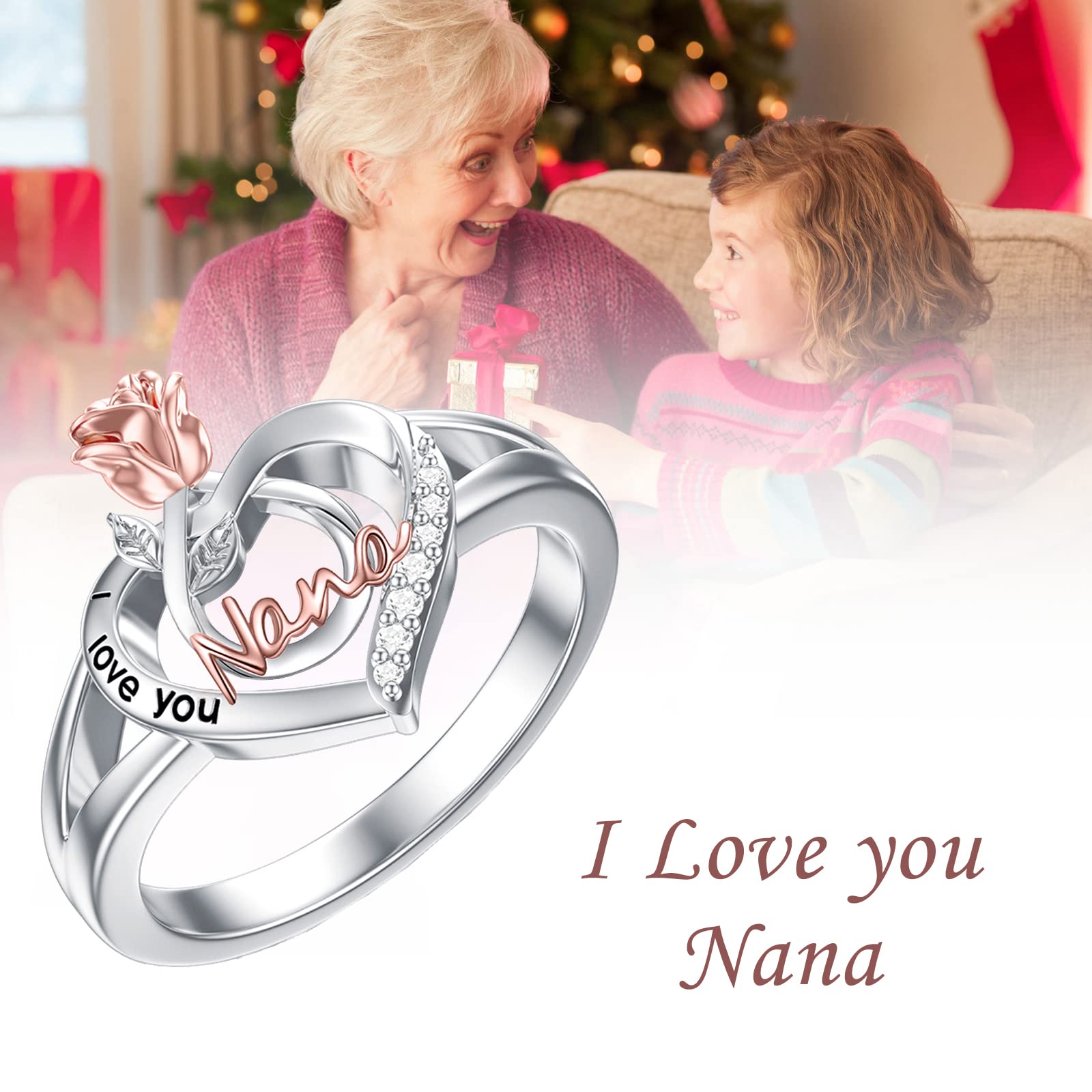 POPKIMI Gifts for Nana Nana Ring 925 Sterling Silver Nana Jewelry I Love You Nana Ring Rose Flower Love Heart Ring Birthday Jewelry for Nana