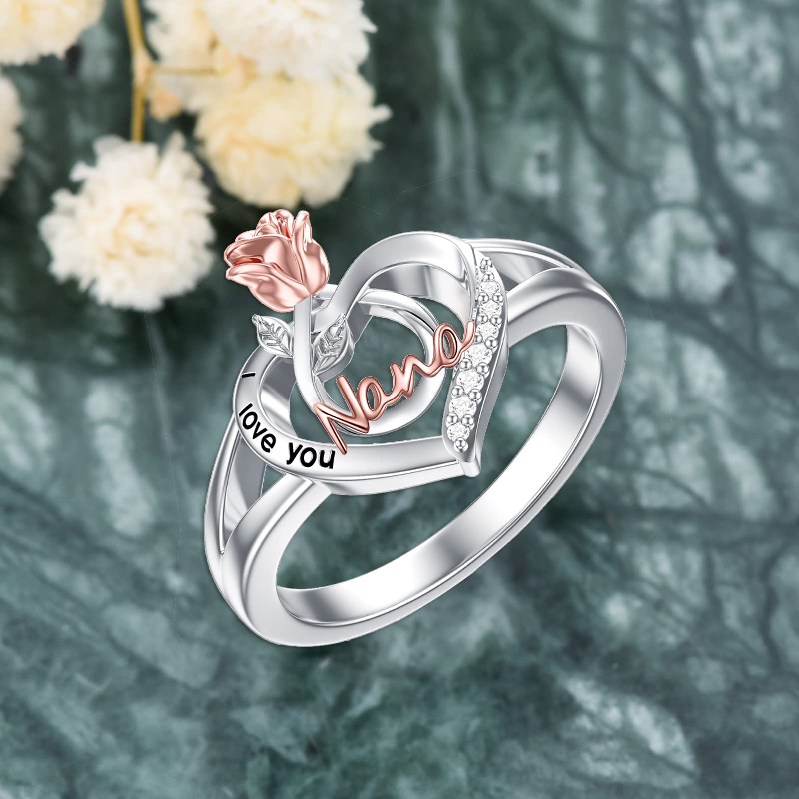 POPKIMI Gifts for Nana Nana Ring 925 Sterling Silver Nana Jewelry I Love You Nana Ring Rose Flower Love Heart Ring Birthday Jewelry for Nana