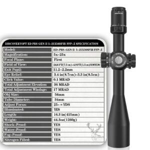 DISCOVERYOPT Optics ED GEN-II 5-25x56mm PRS Rifle Scope FFP 0.1 MRAD Illuminated Reticle with Zero Stop 34mm Tube