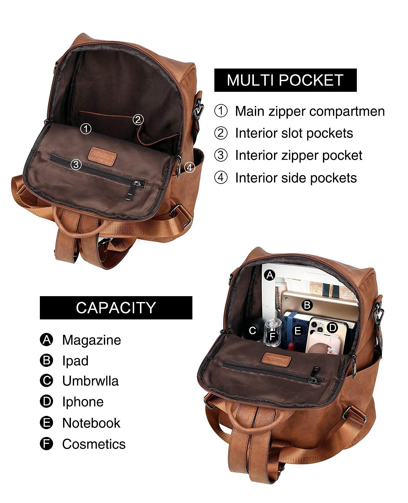 FADEON Leather Backpack Purse for Women Designer Ladies Shoulder Book Bag Fashion PU Convertible Travel Backpack Purses and Shoulder strap