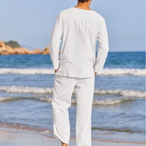 COOFANDY Men's 2 Pieces Cotton Linen Set Henley Shirt Long Sleeve and Casual Beach Pants Summer Yoga Outfits