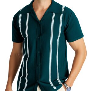 V VALANCH Men's Vintage Shirts Retro Stripes Polo Shirts Short Sleeve Button Closure Knitting Shirts