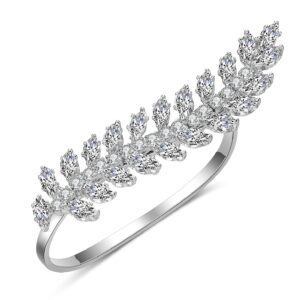 mytys silver two finger rings for women-leaf flower statement ring-adjustable cz double finger ring-open cubic zirconia cocktail ring (initial leaf silver)