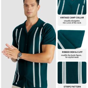 V VALANCH Men's Vintage Shirts Retro Stripes Polo Shirts Short Sleeve Button Closure Knitting Shirts