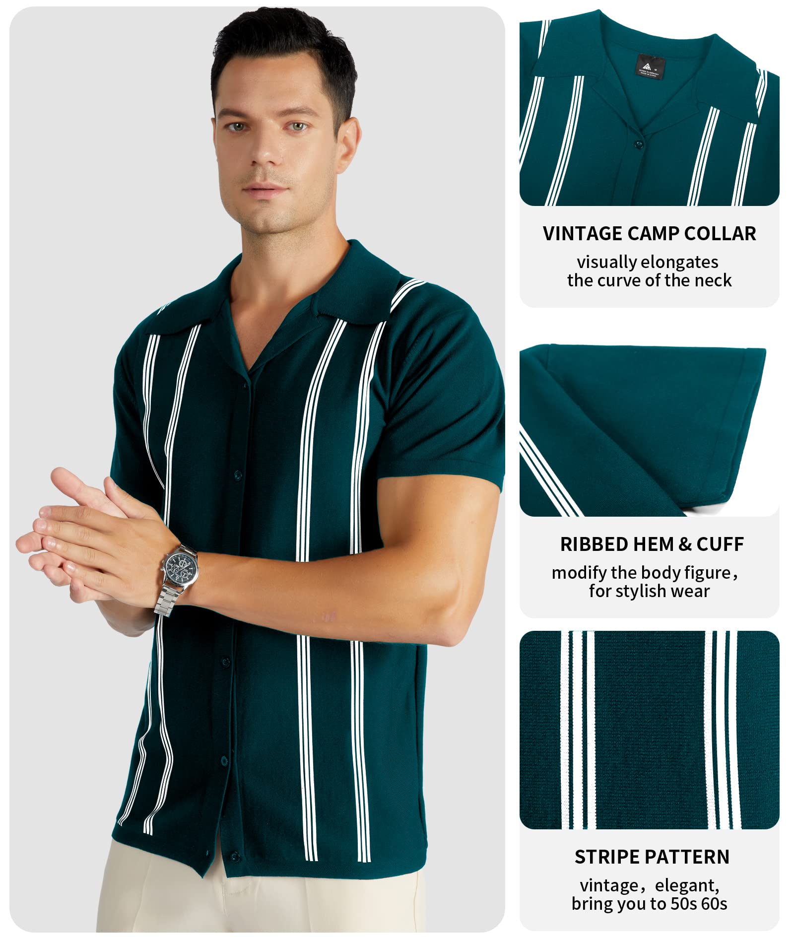 V VALANCH Men's Vintage Shirts Retro Stripes Polo Shirts Short Sleeve Button Closure Knitting Shirts