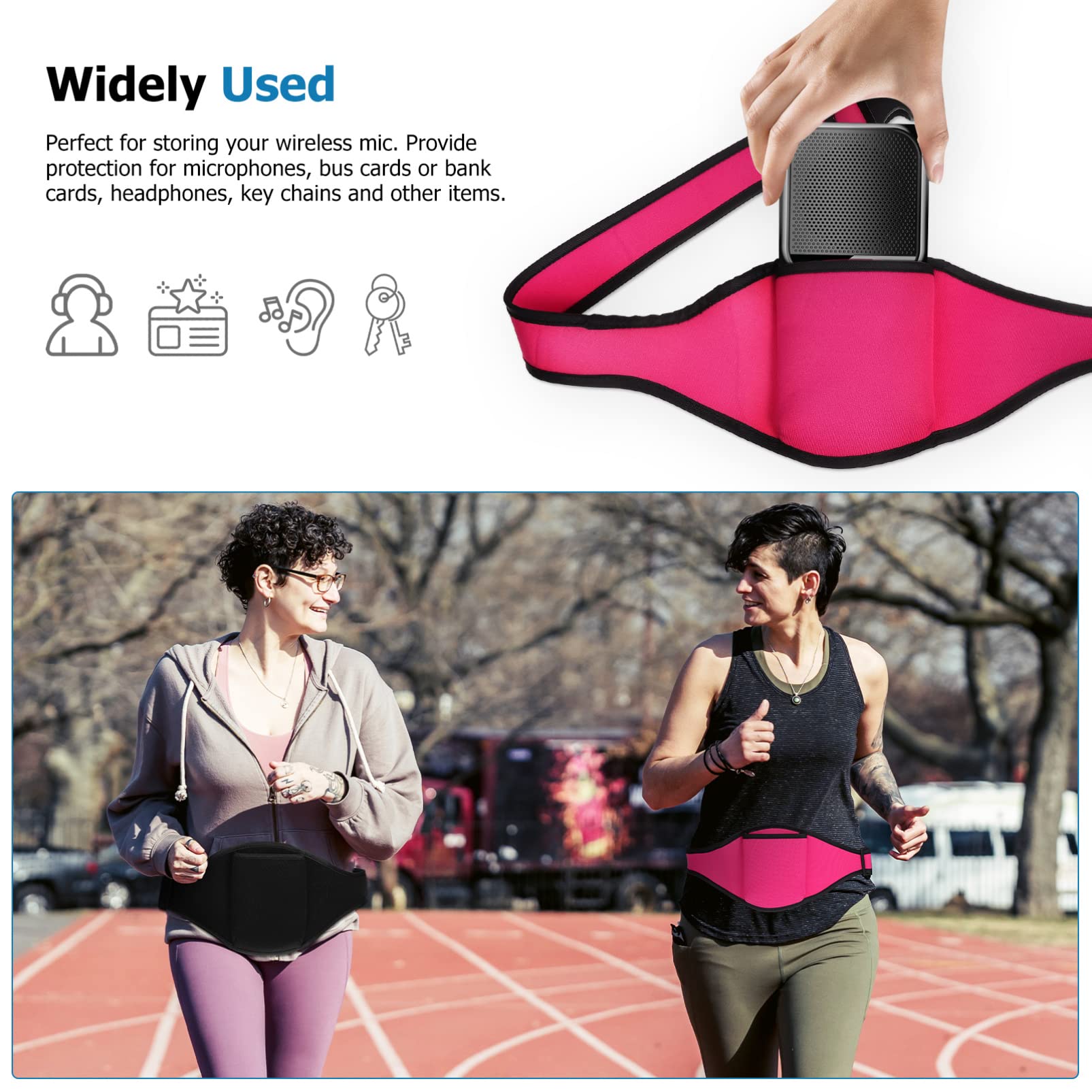 2pcs Mic Fitness Belt Adjustable Microphone Belt Pouch with Anti Dropping Strap, Sweat Absorbent Mic Carrier Pouch, Neoprene Waist Bag for Fitness Teacher Speaker Dancing