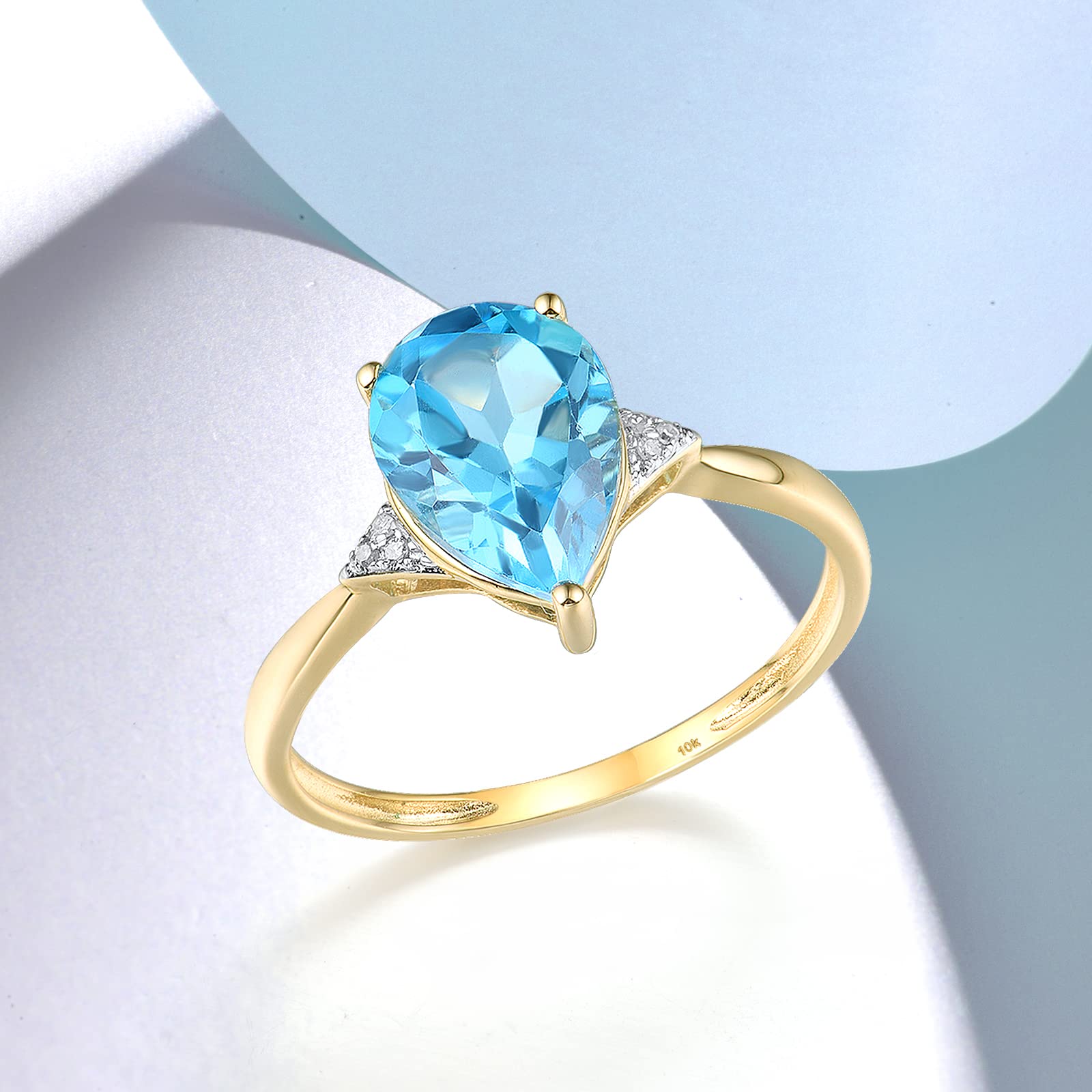 Santuzza 10K Yellow Solid Gold Solitaire Pear Shape Swiss Blue Topaz Genuine Diamond Ring for Women (6)