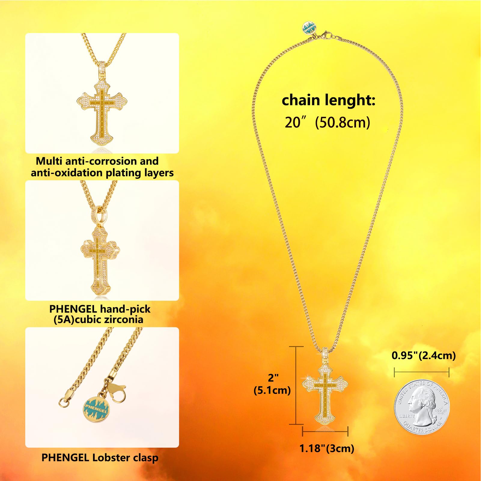 PHENGEL 12 month birthday stone Cubic Zirconia 5A Cz Cross Religious Pendant gorgeous Necklace (14K-Gold-11-Nov)