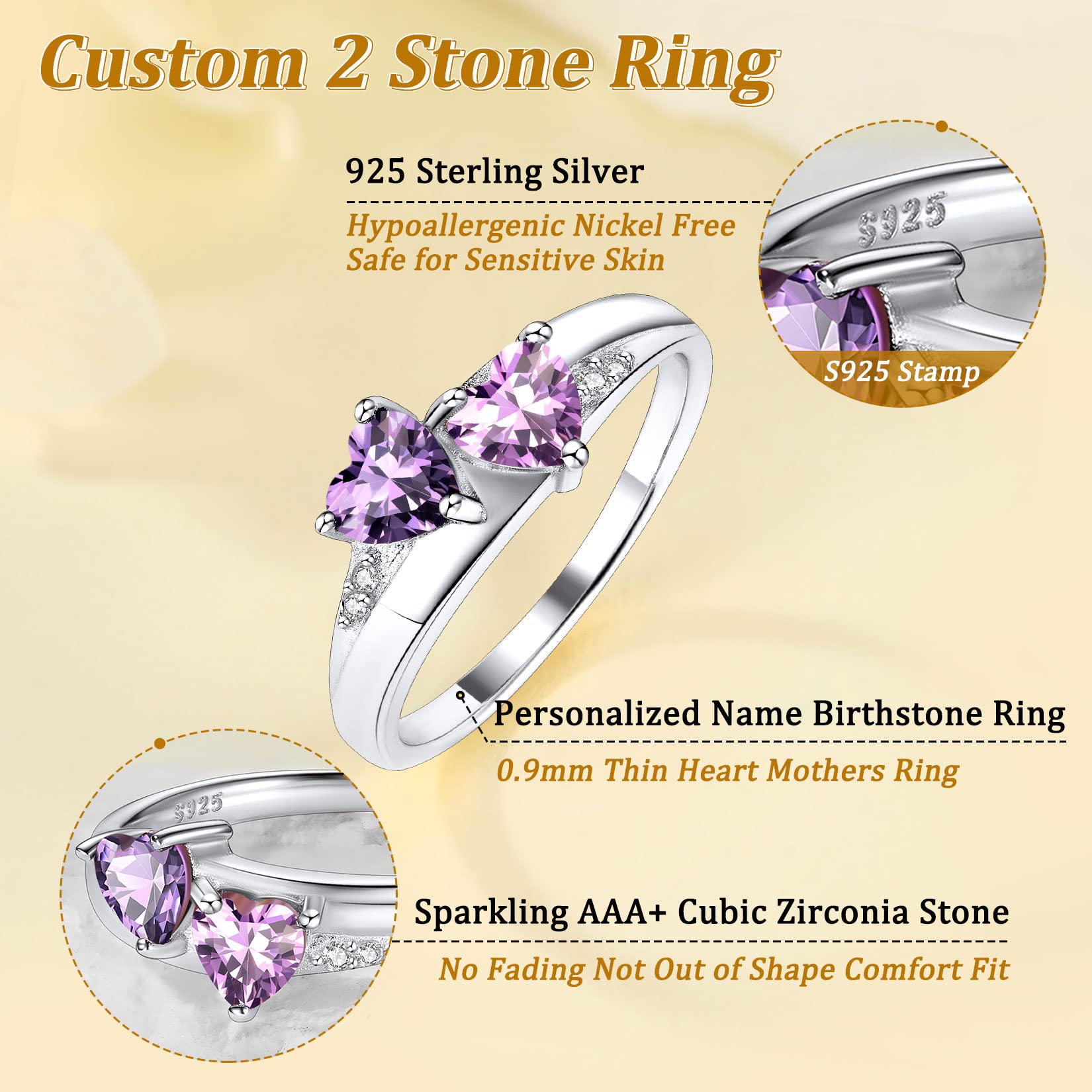 Suplight Custom Birthstone Ring 925 Sterling Silver Engagement Rings for Women Size 8