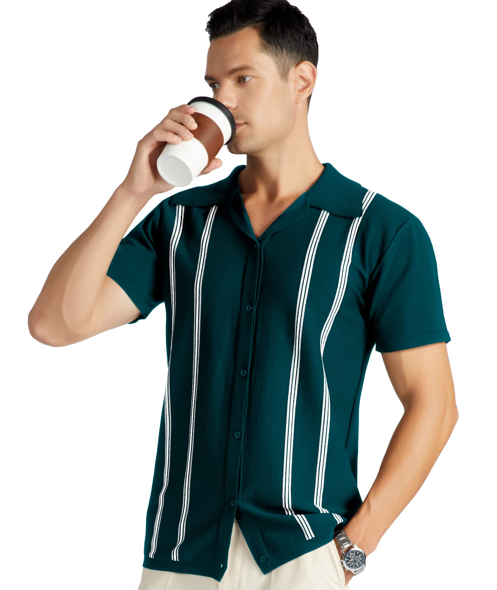 V VALANCH Men's Vintage Shirts Retro Stripes Polo Shirts Short Sleeve Button Closure Knitting Shirts