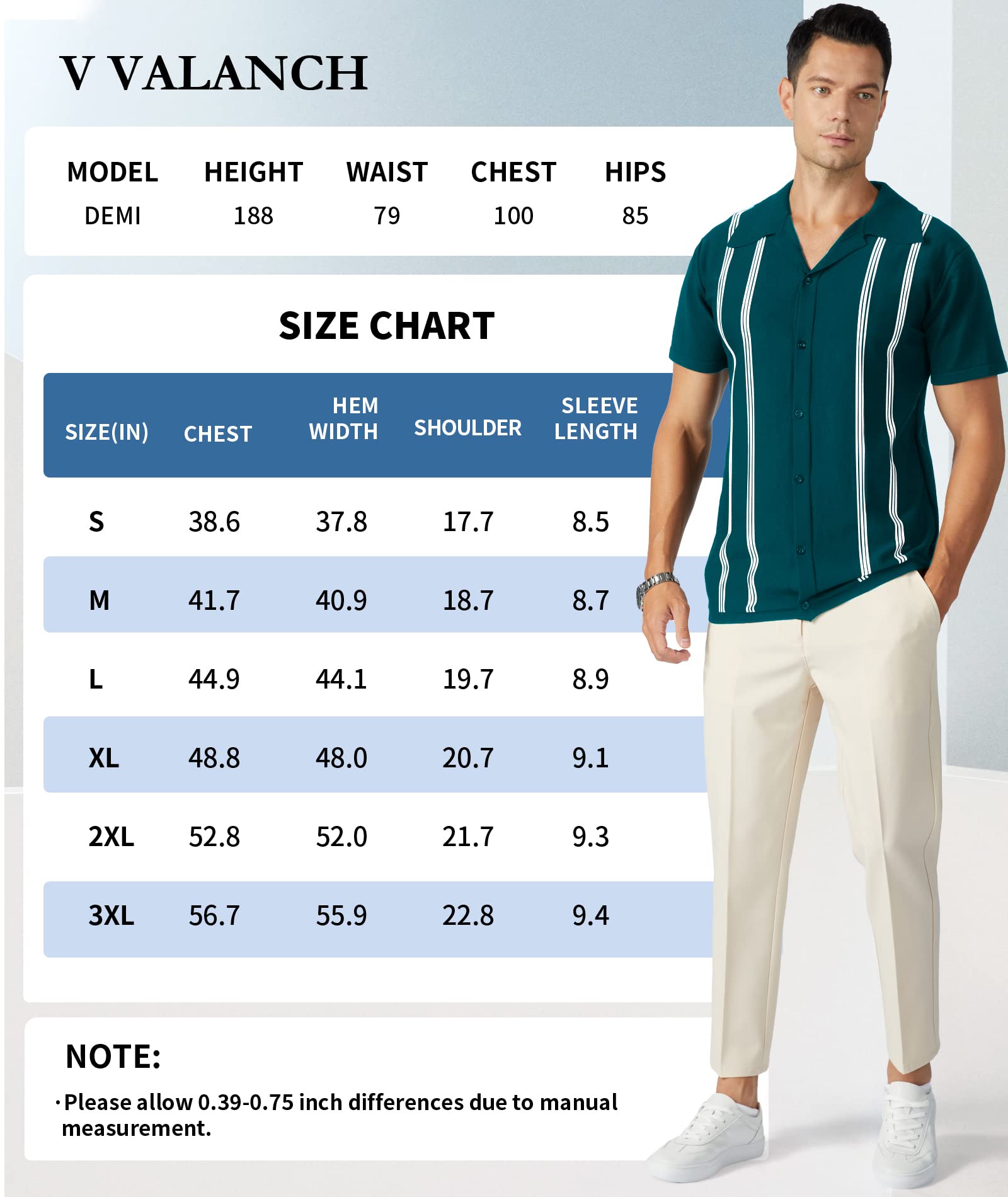 V VALANCH Men's Vintage Shirts Retro Stripes Polo Shirts Short Sleeve Button Closure Knitting Shirts