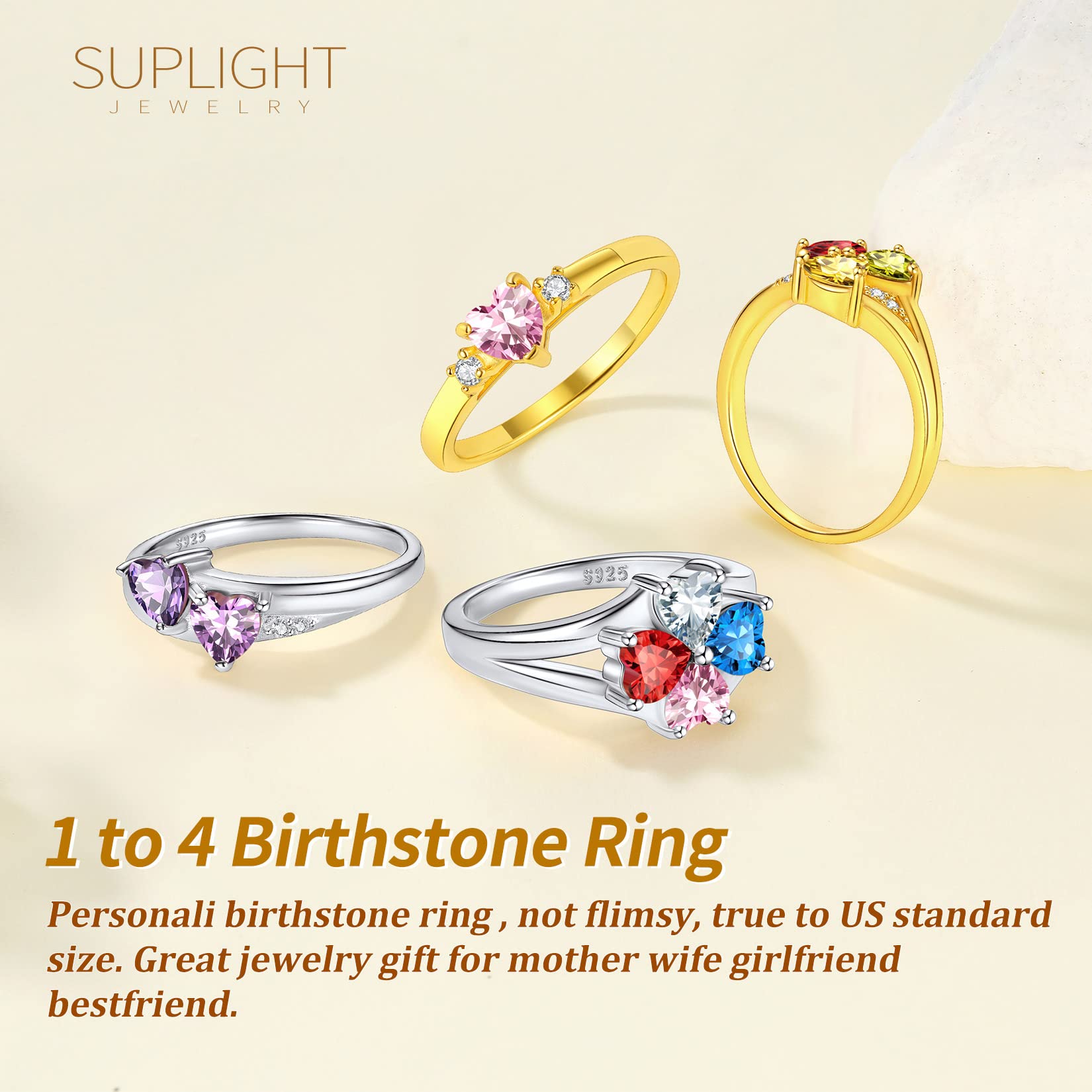 Suplight Custom Birthstone Ring 925 Sterling Silver Engagement Rings for Women Size 8