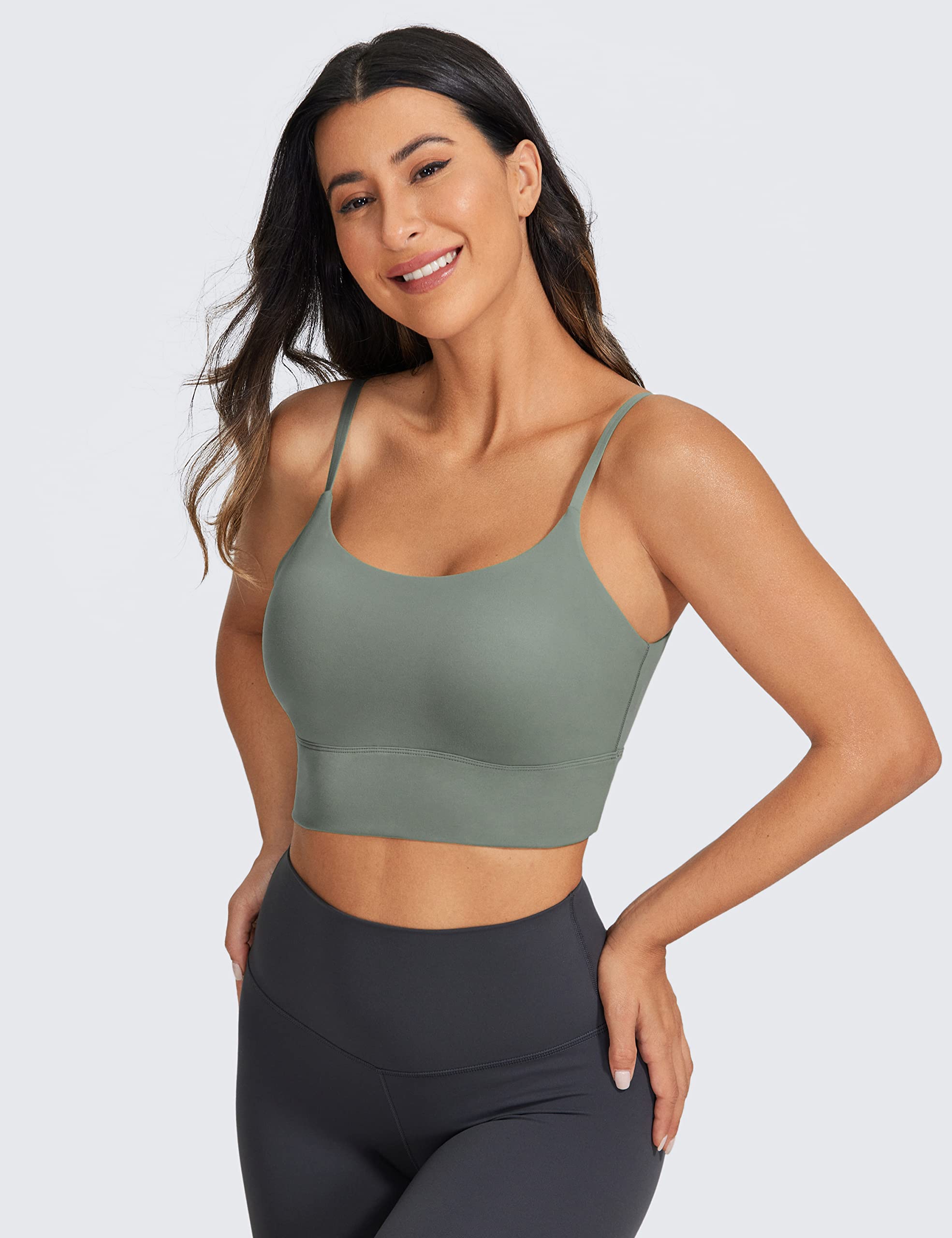 CRZ YOGA Adjustable Longline Sports Bra for Women - V Back Wireless Workout Padded Yoga Bra Cropped Tank Tops Grey Sage Medium