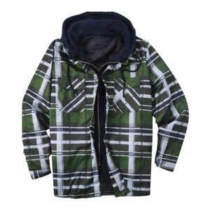 Firzero Flannel Jackets for Men, Lined Hooded Plaid Shirt Jacket Thicken Quilted Coat with Zipper, Men's Waterproof Ski Jacket Irregular Printed Button Down Winter Jackets, Army Green_2, 4X-Large