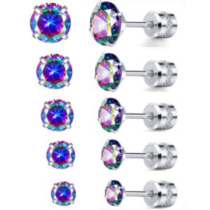 titanium screw back pack of earrings rainbow cubic zirconia studs for women men 20g helix piercing post surgical stainless steel hypoallergenic for sensitive ears simulated diamond