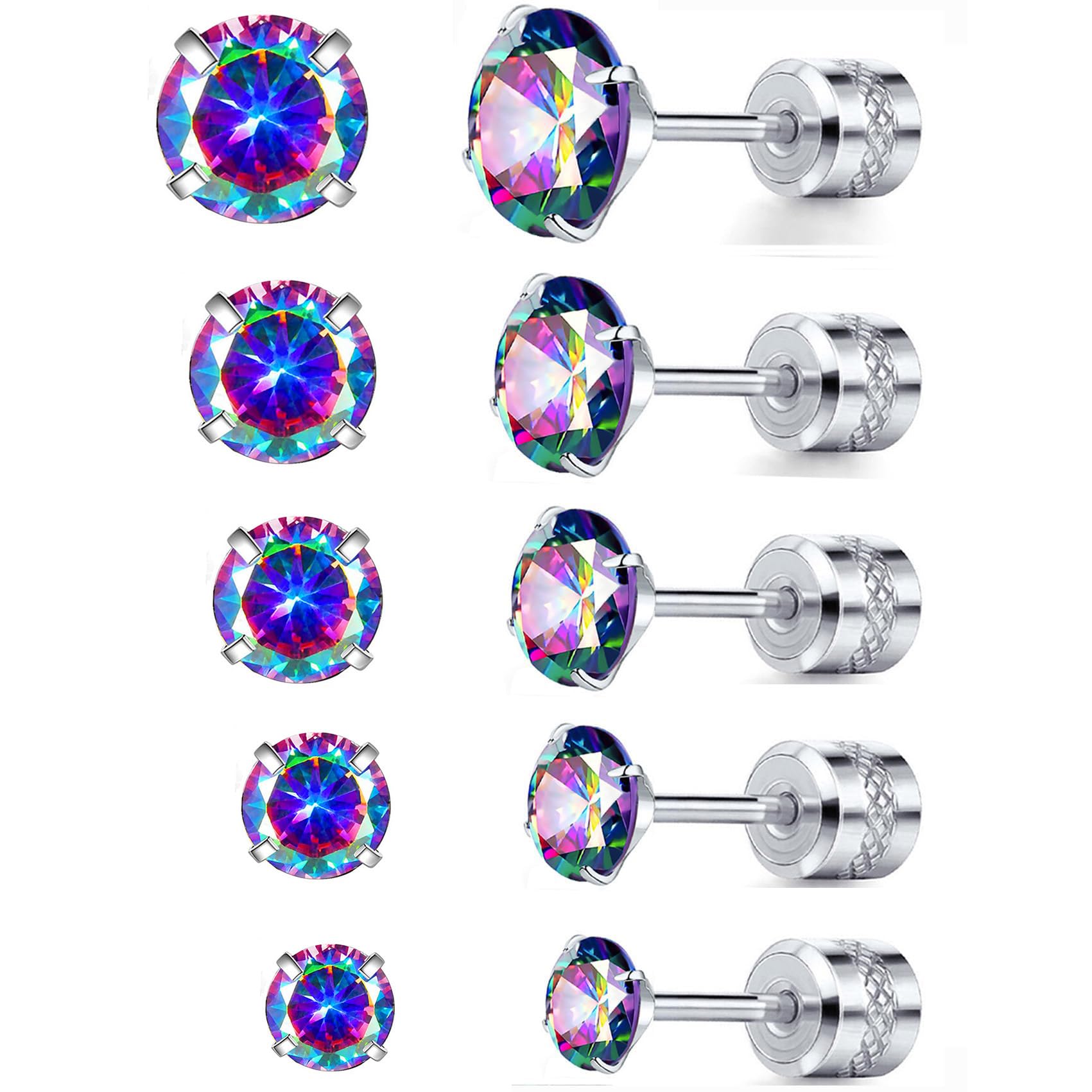 Titanium Screw Back Pack of Earrings Rainbow Cubic Zirconia Studs for Women Men 20G Helix Piercing Post Surgical Stainless Steel Hypoallergenic for Sensitive Ears Simulated Diamond