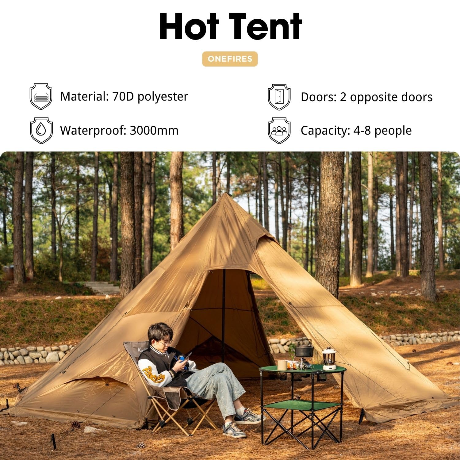 Onefires Hot Tent with Half Inner Tent 4-8 Person Large Teepee Tent for Family Camping