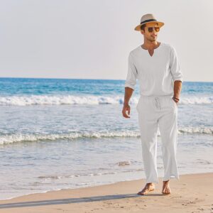 COOFANDY Men's 2 Pieces Cotton Linen Set Henley Shirt Long Sleeve and Casual Beach Pants Summer Yoga Outfits