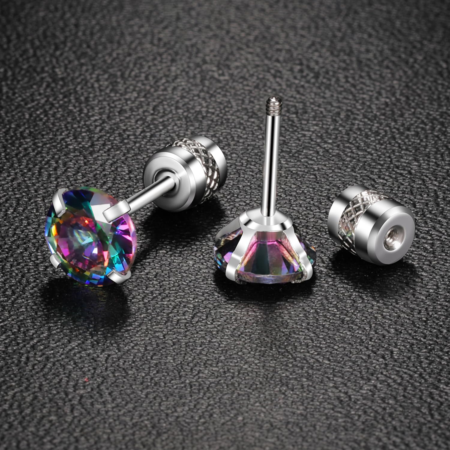 Titanium Screw Back Pack of Earrings Rainbow Cubic Zirconia Studs for Women Men 20G Helix Piercing Post Surgical Stainless Steel Hypoallergenic for Sensitive Ears Simulated Diamond