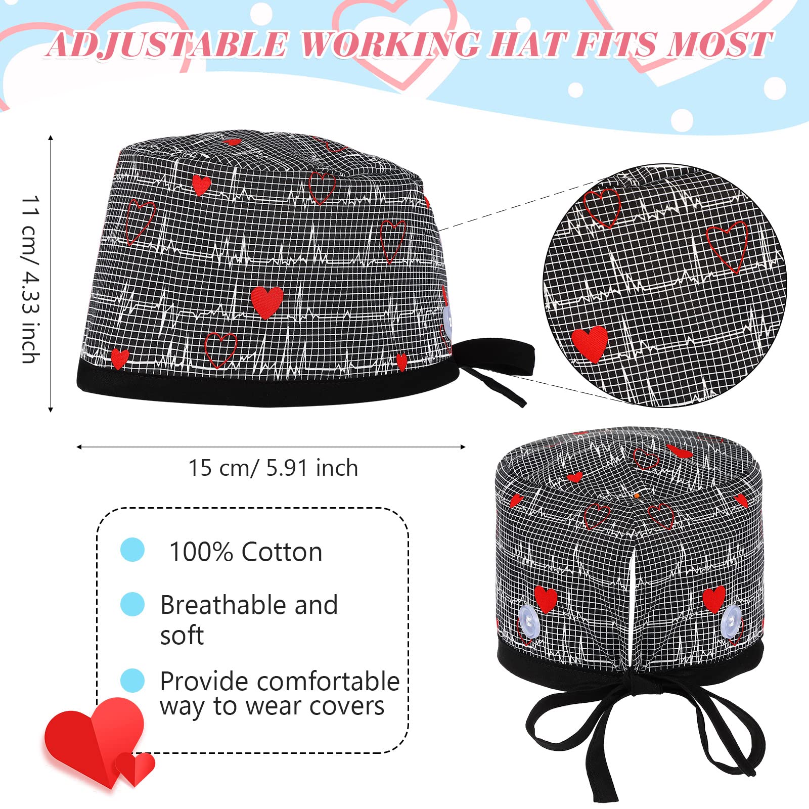 4 Pcs Valentine Heart Theme Adjustable Working Cap with Button Bouffant Hats Elastic Surgical Caps for Women Men Nurse Hat Scrub Hats for Long Hair Covers Nursing Doctor