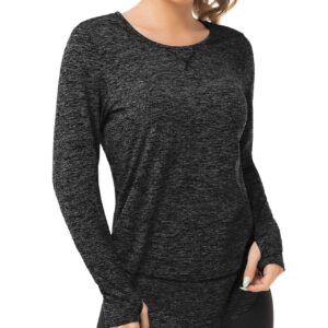 WOWENY Women Fleece Thermal Long Sleeve Workout Shirts Athletic Yoga Gym Tops Loose Fit Quick Dry Running Shirts with Thumb Holes Dark Grey XL