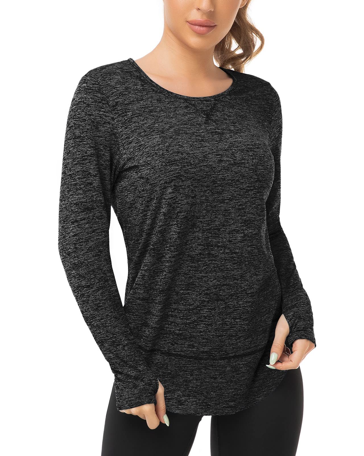 WOWENY Women Fleece Thermal Long Sleeve Workout Shirts Athletic Yoga Gym Tops Loose Fit Quick Dry Running Shirts with Thumb Holes Dark Grey XL