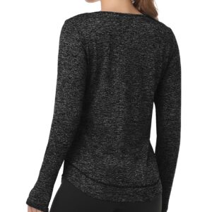 WOWENY Women Fleece Thermal Long Sleeve Workout Shirts Athletic Yoga Gym Tops Loose Fit Quick Dry Running Shirts with Thumb Holes Dark Grey XL