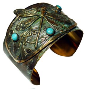 elaine coyne collectible artwear verdigris patina brass dragonfly victorian motif cuff bracelet - turquoise - vintage limited edition