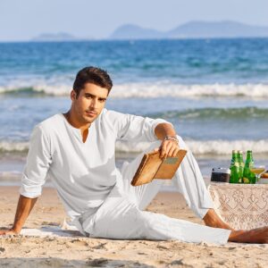 COOFANDY Men's 2 Pieces Cotton Linen Set Henley Shirt Long Sleeve and Casual Beach Pants Summer Yoga Outfits