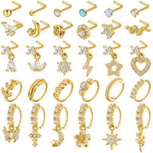 30 Pcs Dangling Nose Rings 20g Nose Ring Hoop L Shaped Stainless Steel Dangling Nose Studs Cute Nose Piercing Jewelry for Women (Gold)