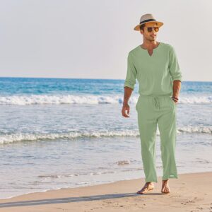 COOFANDY Men's 2 Pieces Cotton Linen Set Henley Shirt Long Sleeve and Casual Beach Pants Summer Yoga Outfits