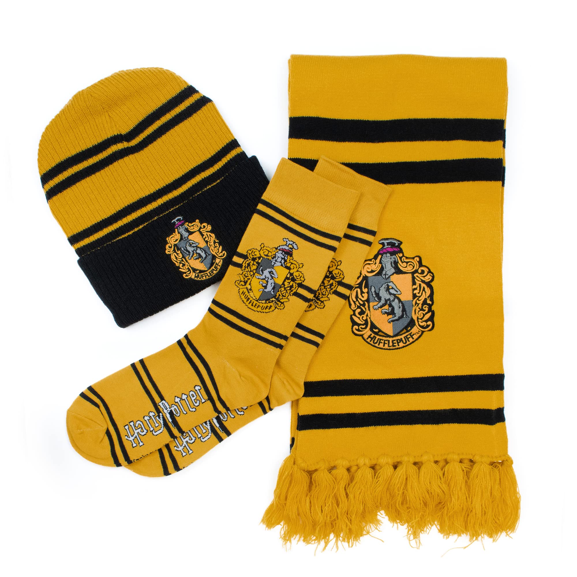 Culture Fly Harry Potter Hufflepuff Premium Knit Scarf Beanie Socks 3pc Winter Bundle Gift Set