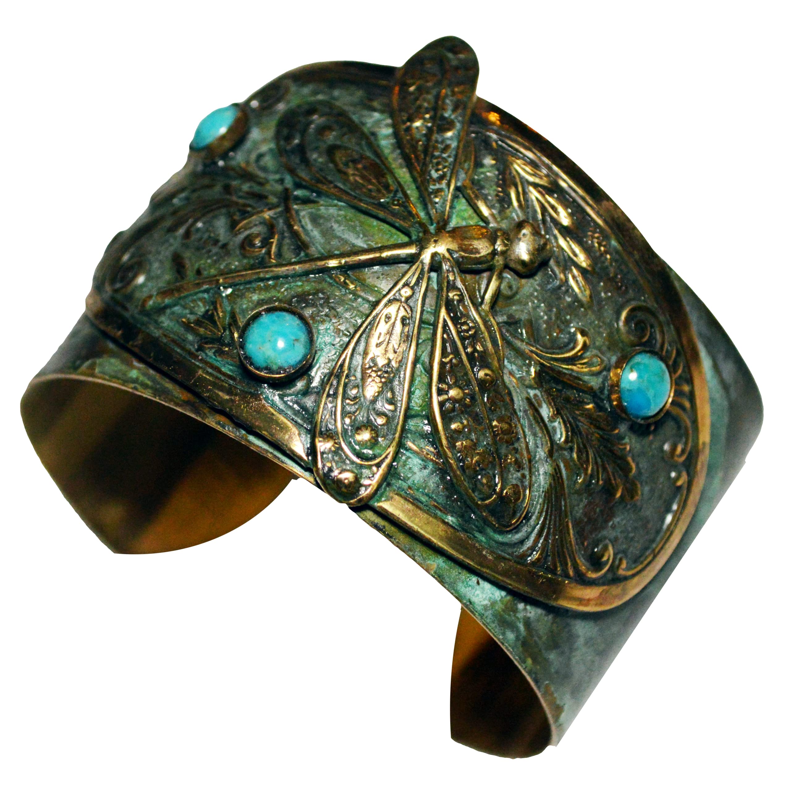 Elaine Coyne Collectible Artwear Verdigris Patina Brass Dragonfly Victorian Motif Cuff Bracelet - Turquoise - Vintage Limited Edition