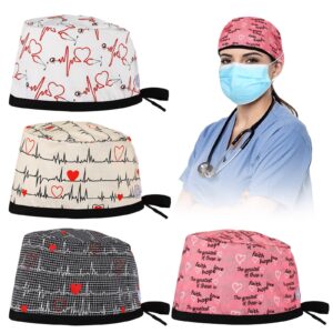 4 Pcs Valentine Heart Theme Adjustable Working Cap with Button Bouffant Hats Elastic Surgical Caps for Women Men Nurse Hat Scrub Hats for Long Hair Covers Nursing Doctor