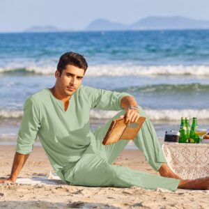 COOFANDY Men's 2 Pieces Cotton Linen Set Henley Shirt Long Sleeve and Casual Beach Pants Summer Yoga Outfits