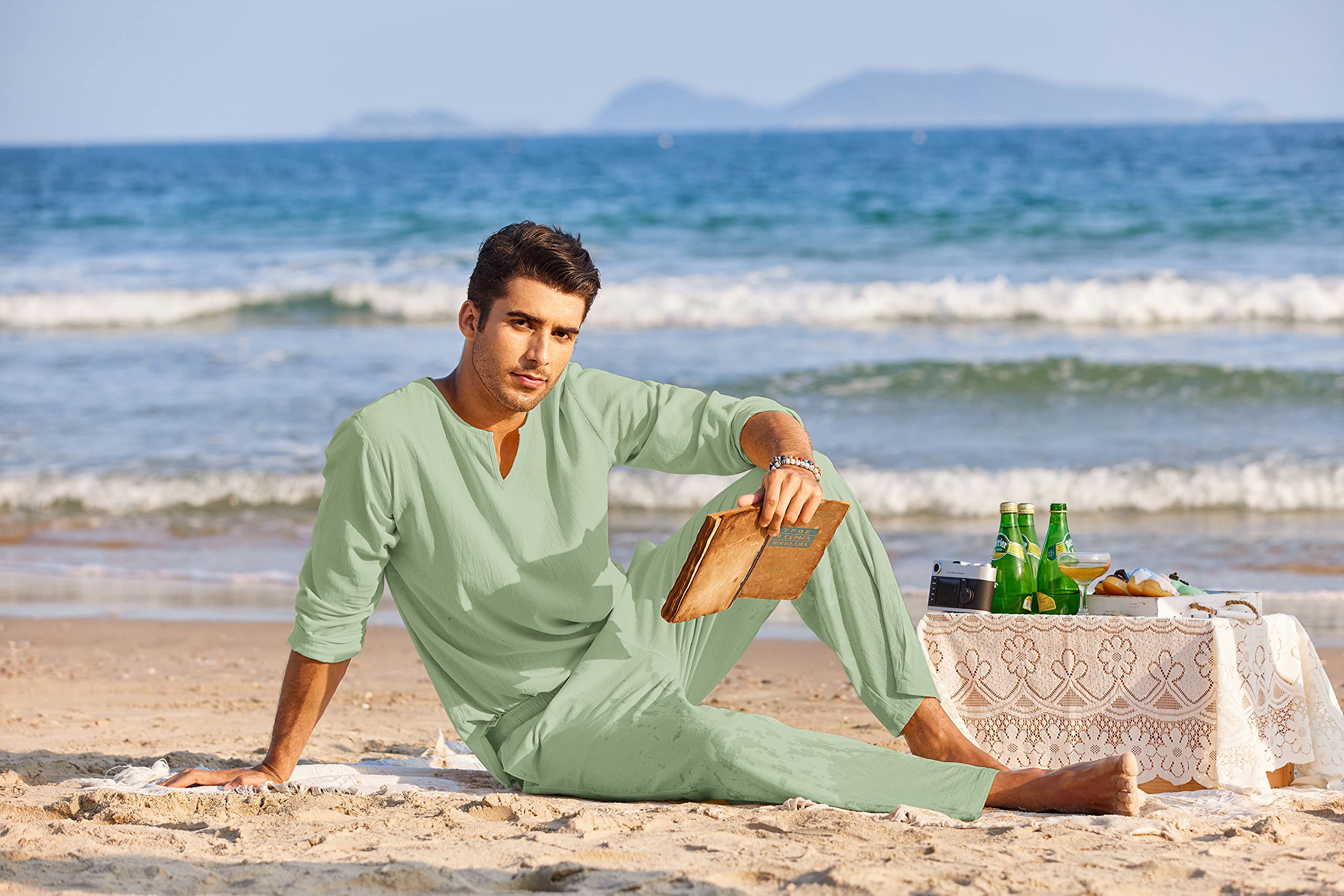 COOFANDY Men's 2 Pieces Cotton Linen Set Henley Shirt Long Sleeve and Casual Beach Pants Summer Yoga Outfits