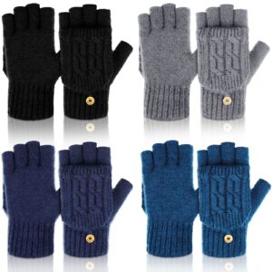 newcotte 4 pairs winter knitted fingerless gloves with mitten cover convertible fingerless warm wool knit flip mittens(black, blue, medium gray, navy blue)