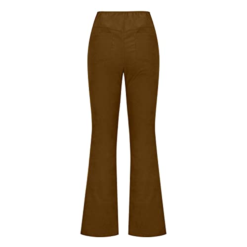 Amazon Deals for March Women Corduroy Flare Pants Elastic Waist Bell Bottom Trousers Solid Corduroy Pants Casual Corduroy Pants with Pocket Brown