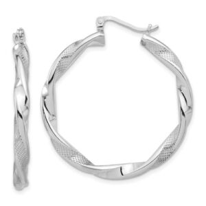 925 sterling silver rhodium plated textured 3.7mm twisted hoop earrings measures 41x38mm wide 3.75mm thick jewelry for women